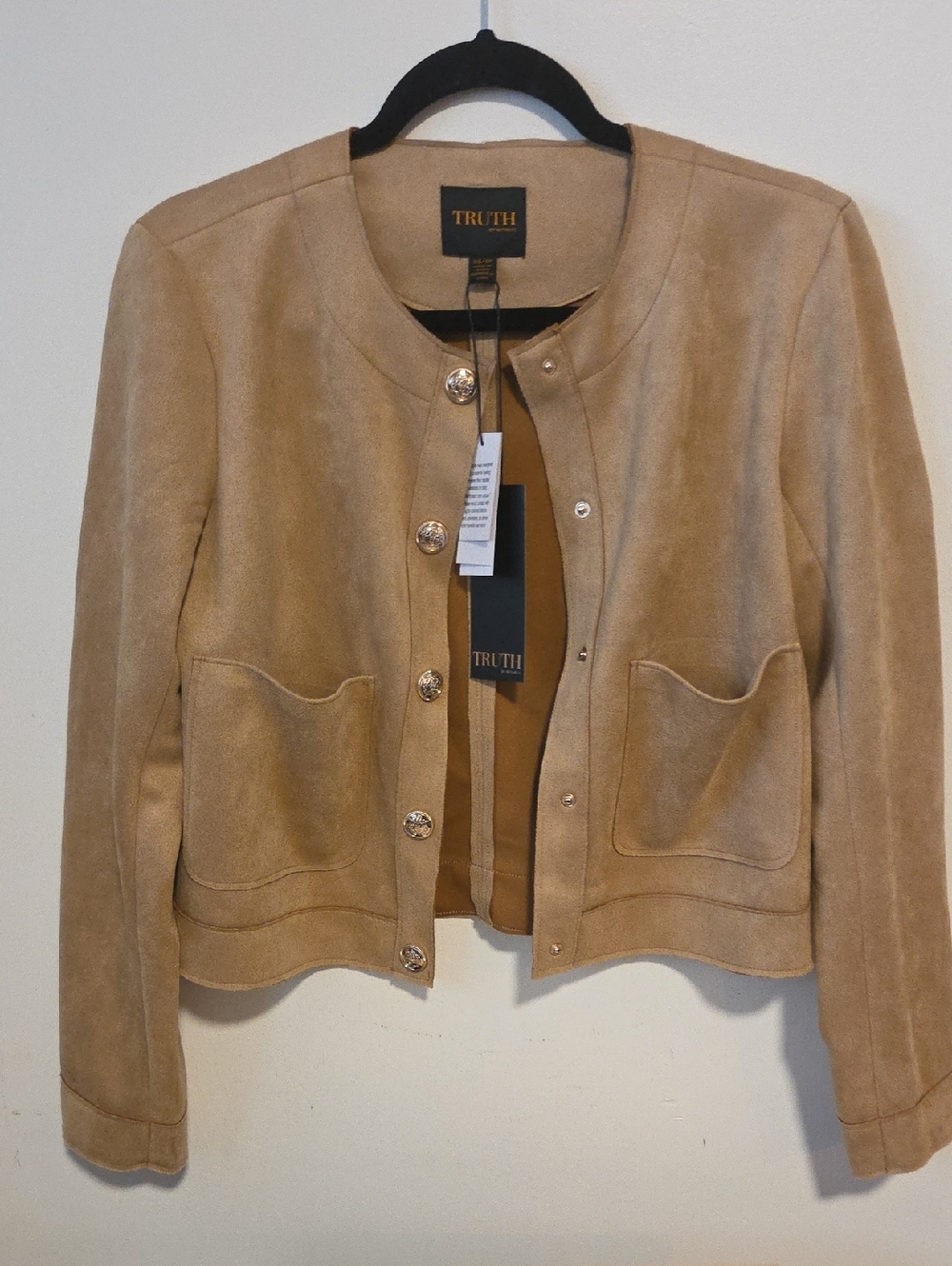 TRUTH Tan Collarless Suede-Look Button Jacket